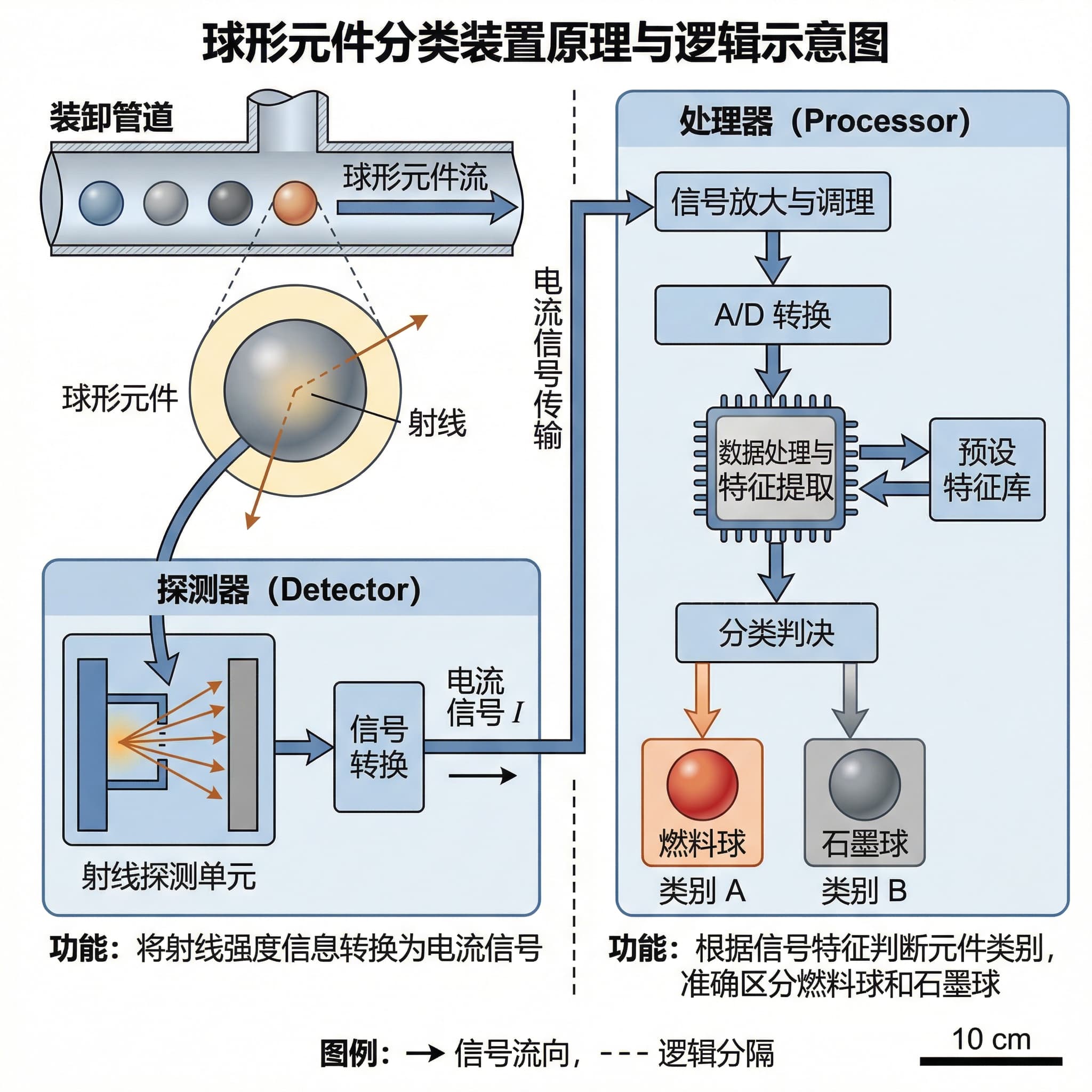 Um diagrama esquemático ilustrando o princípio e a lógica do dispositivo, mostrando que o corpo principal do dispositivo pode ser dividido em duas partes: um detector e um processador. O detector é usado para adquirir os sinais gerados quando elementos esféricos passam pelos tubos de carregamento e descarregamento, convertendo a informação de intensidade de raios dos elementos esféricos em sinais de corrente. O processador é usado para determinar o tipo de elemento esférico com base nos sinais, distinguindo com precisão entre esferas de combustível e esferas de grafite.