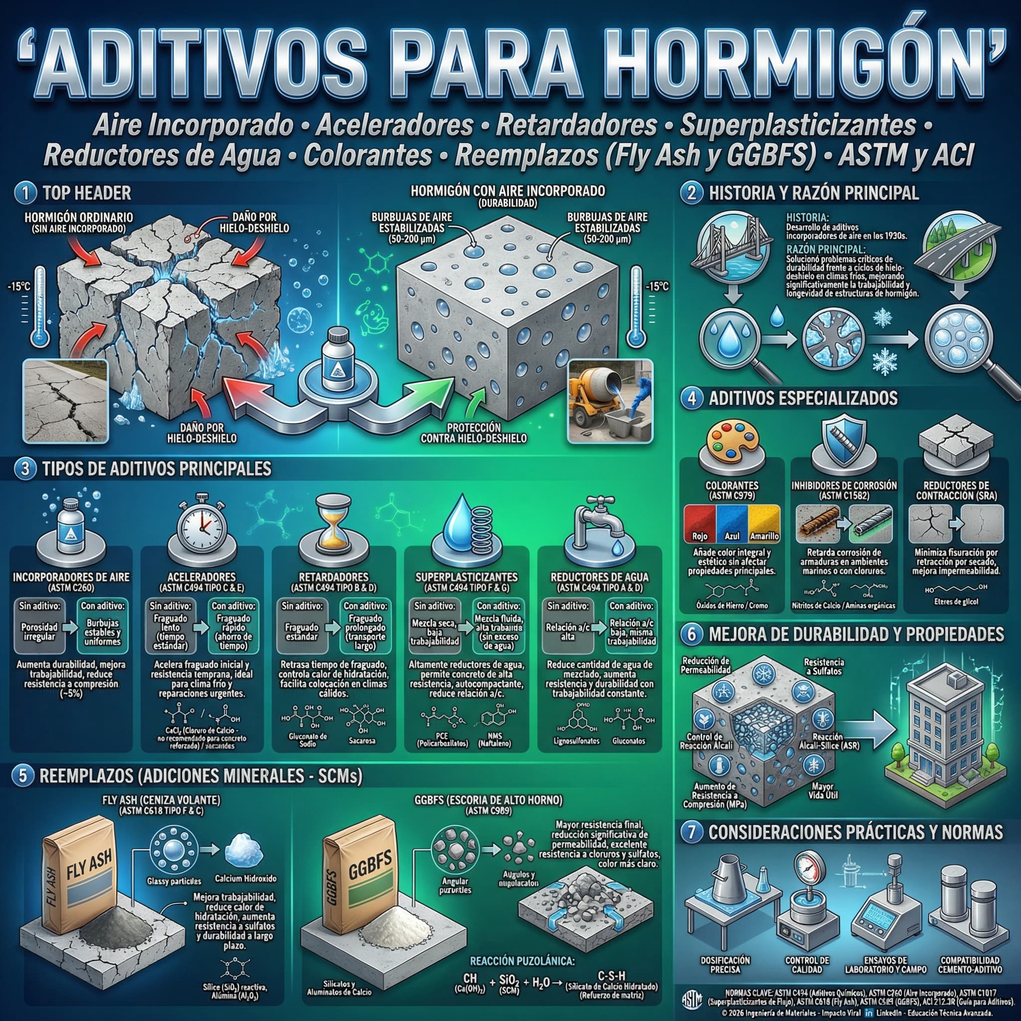 materials scientific illustration: Concrete admixtures infographic covering types, effects, replacements, and durability tradeoffs in a technical-educational engineering style.