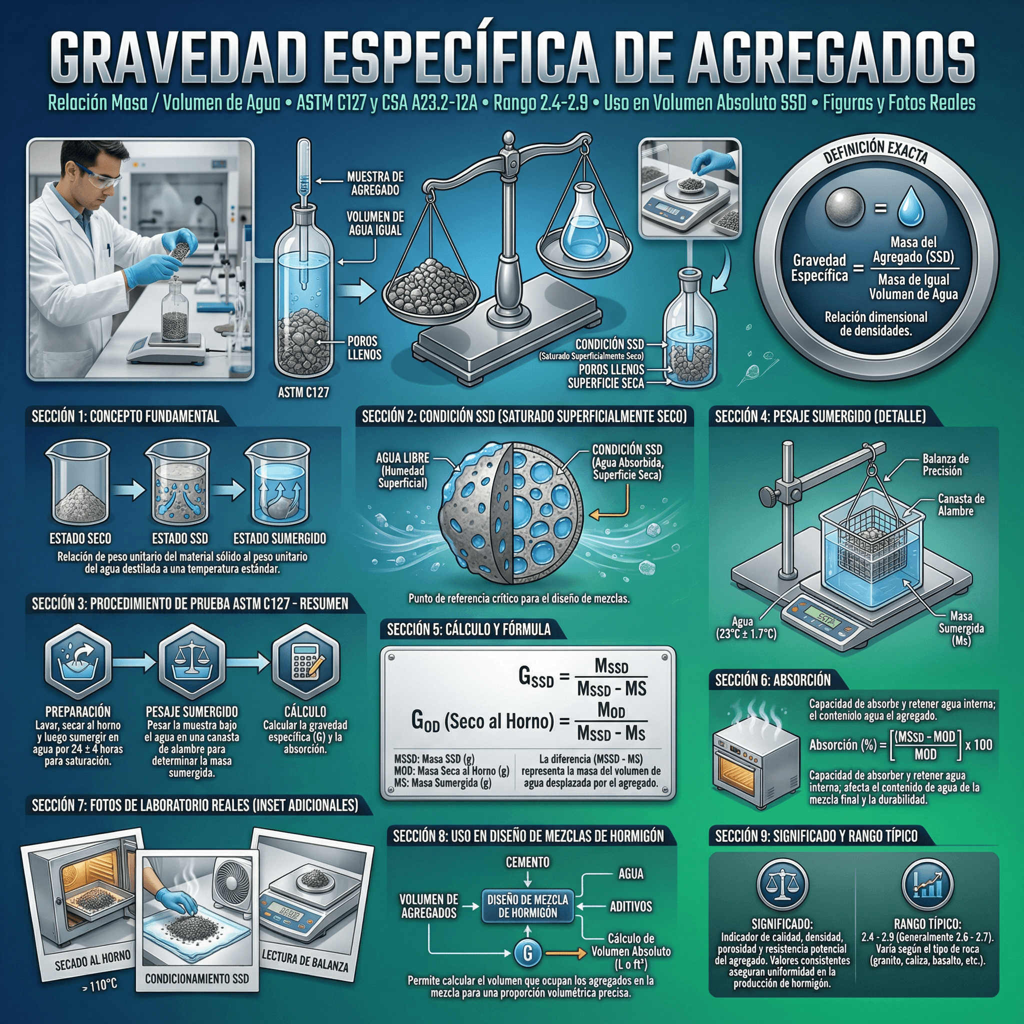 materials scientific illustration: Vertical infographic for engineering education, combining high-density information design with realistic concrete materials.