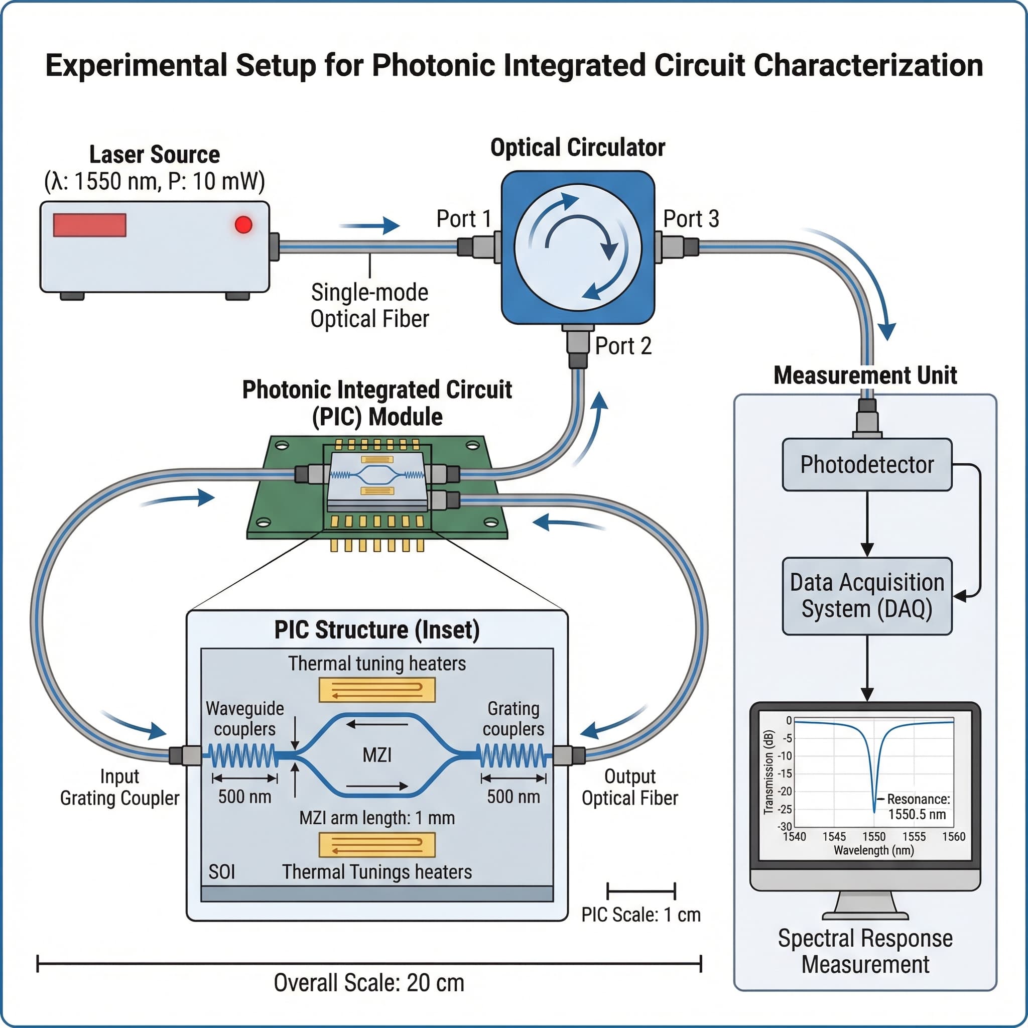 サーキュレータ、レーザー光源、光ファイバー、光集積回路、出力ファイバー、および測定装置から構成される模式図と実験セットアップ。
