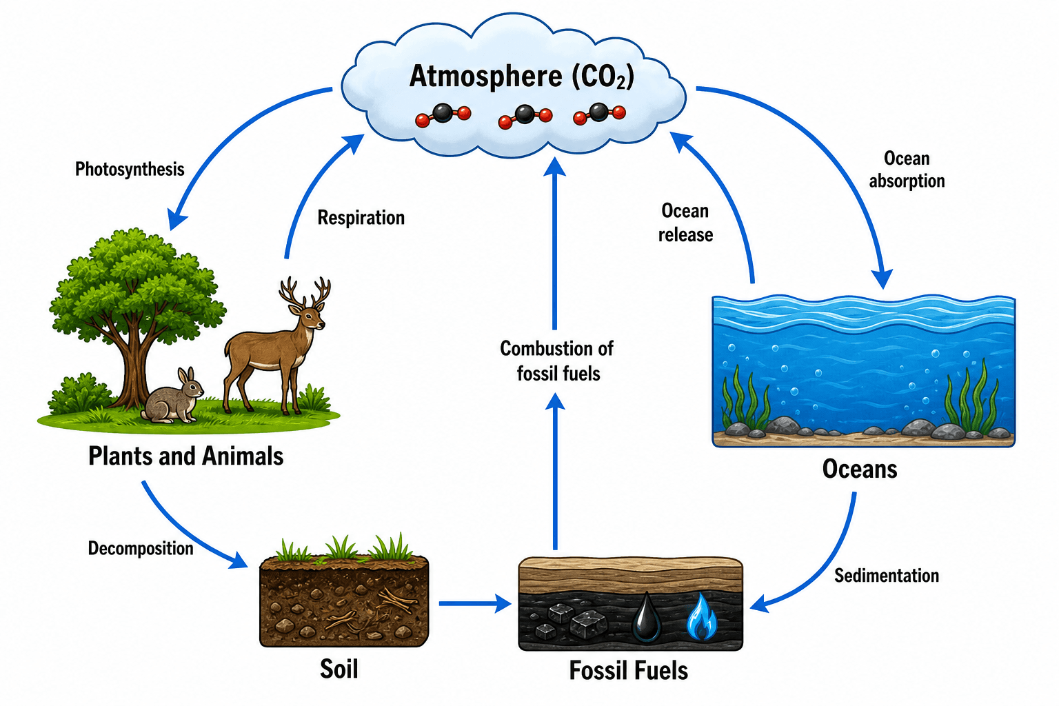 Biogeochemical Cycle Diagram — Draw labeled carbon, nitrogen, water and other nutrient cycles.