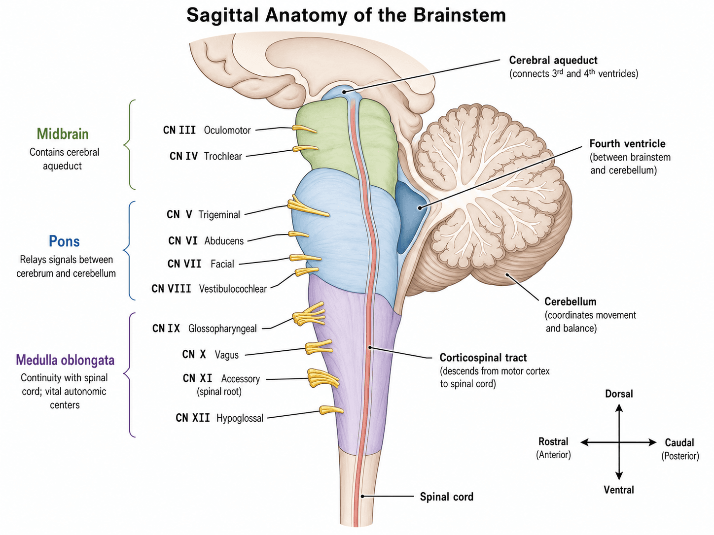 Brainstem Diagram Generator — Create brainstem diagram visuals for midbrain, pons, medulla, cranial nerve nuclei, tracts, vascular territories, and clinical lesion callouts.