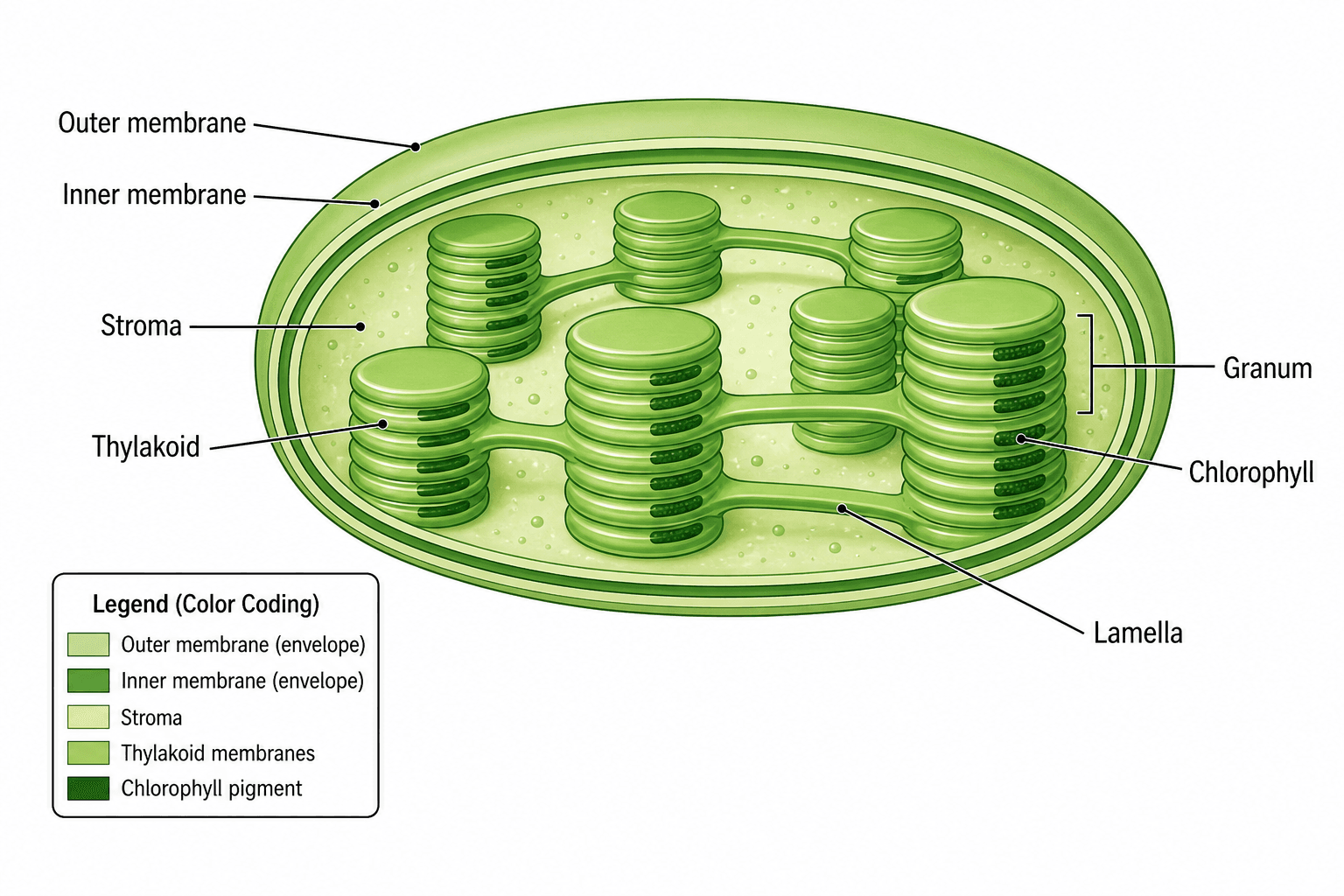 Chloroplast Diagram Generator — Draw a labeled chloroplast with membranes, stroma, thylakoids, and grana.