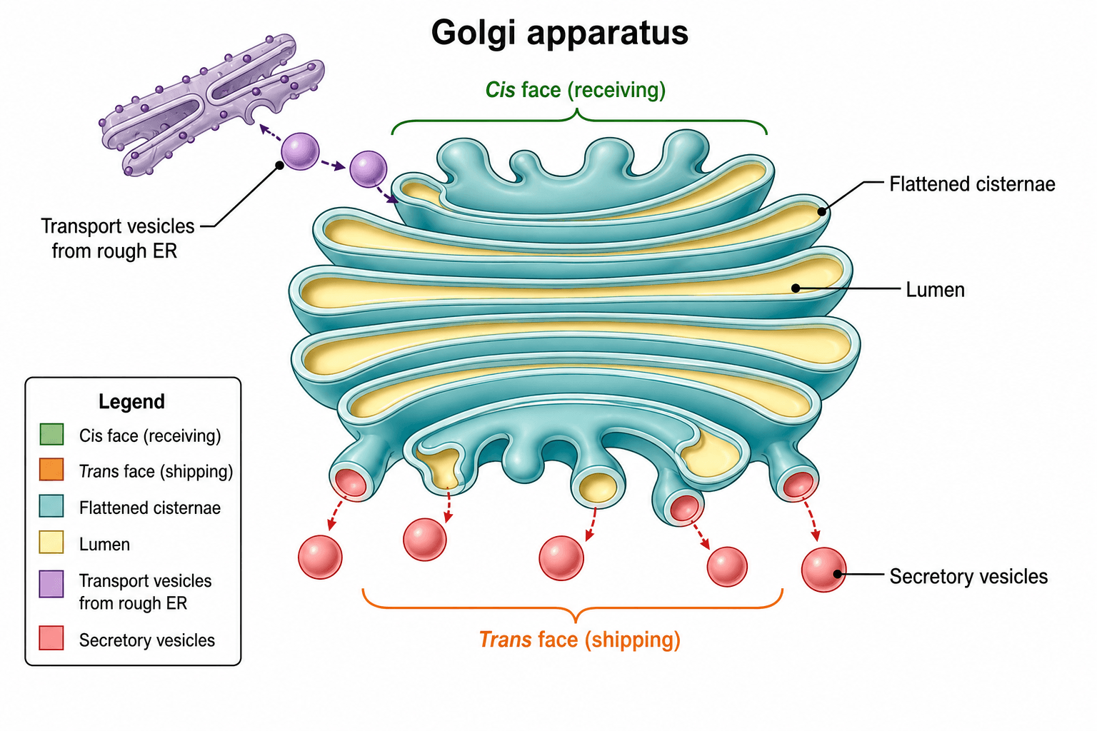 Golgi Apparatus Diagram Generator — Draw a labeled Golgi body with cisternae, cis and trans faces, and vesicles.