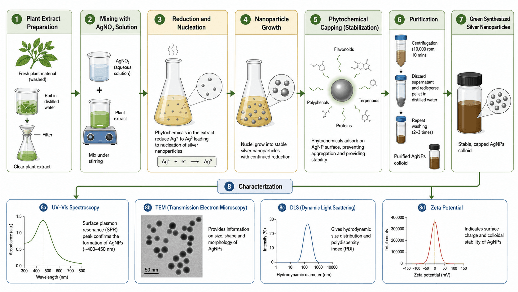 Nanoparticle Synthesis Diagram Generator — Create nanoparticle synthesis diagram visuals for precursors, nucleation, growth, capping, surface functionalization, purification, and characterization readouts.