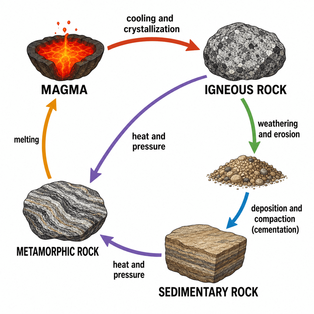 Rock Cycle Diagram Generator — Draw labeled igneous, sedimentary, and metamorphic rock cycle diagrams with AI.