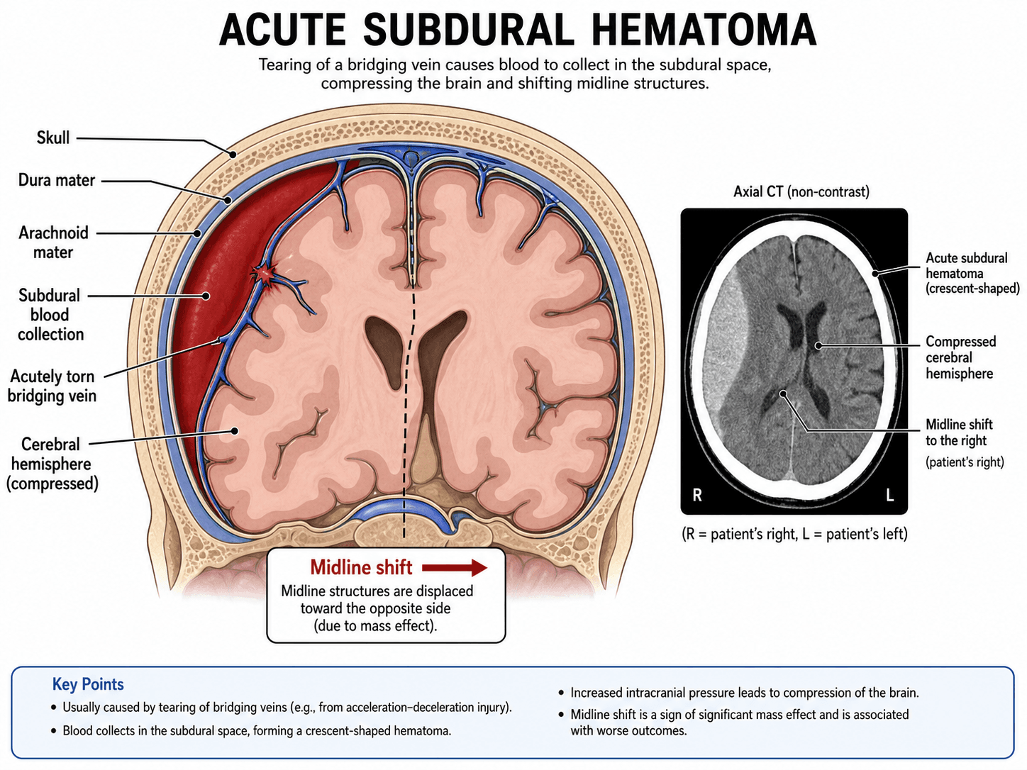 Subdural Hematoma Diagram Generator — Create subdural hematoma diagram visuals for dura, arachnoid, bridging veins, crescent-shaped bleeding, mass effect, CT-style views, and acute or chronic changes.
